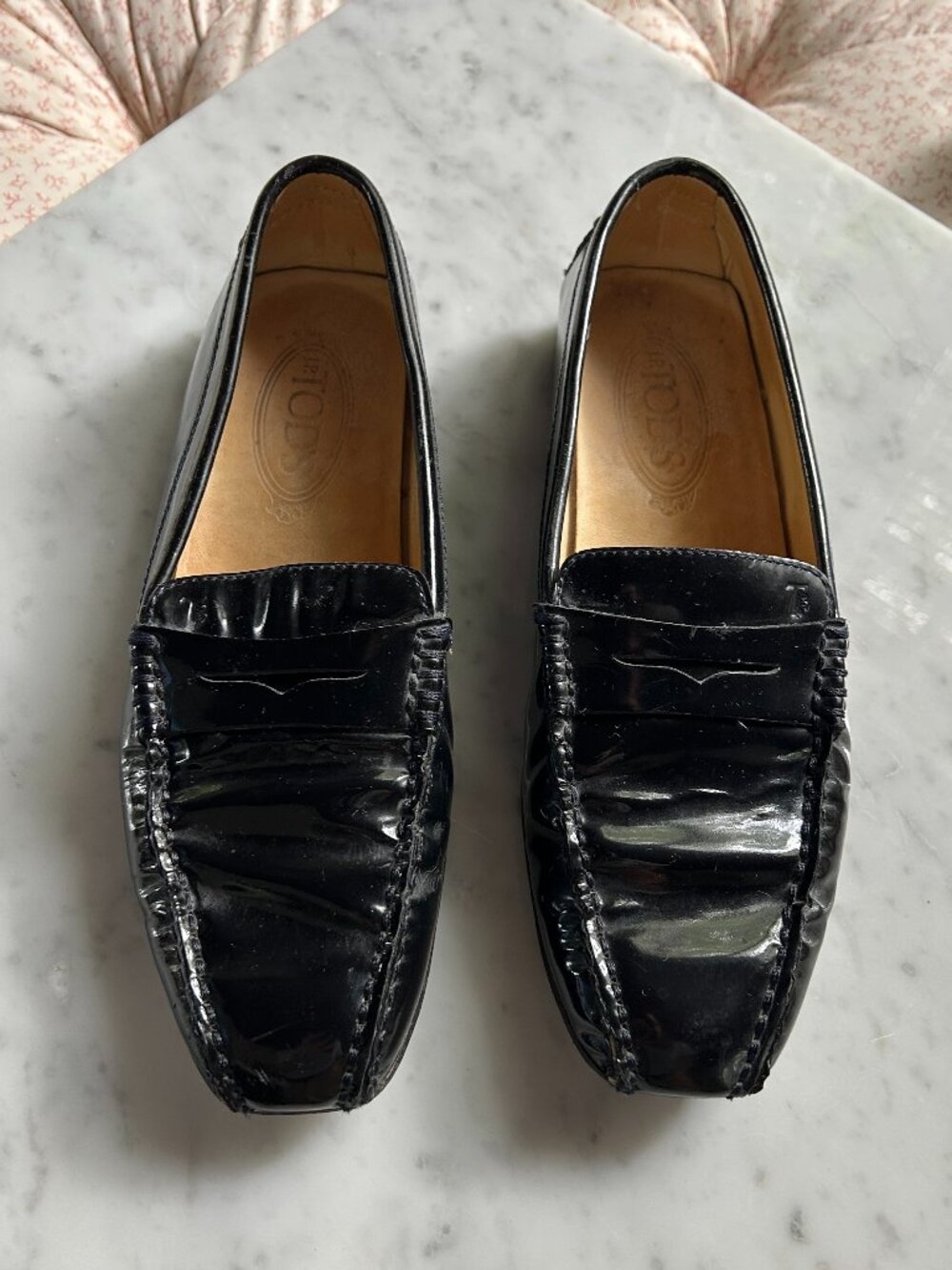 Tod's Square Toe Black Patent Leather Gommino Driving Loafers Size EU 38
